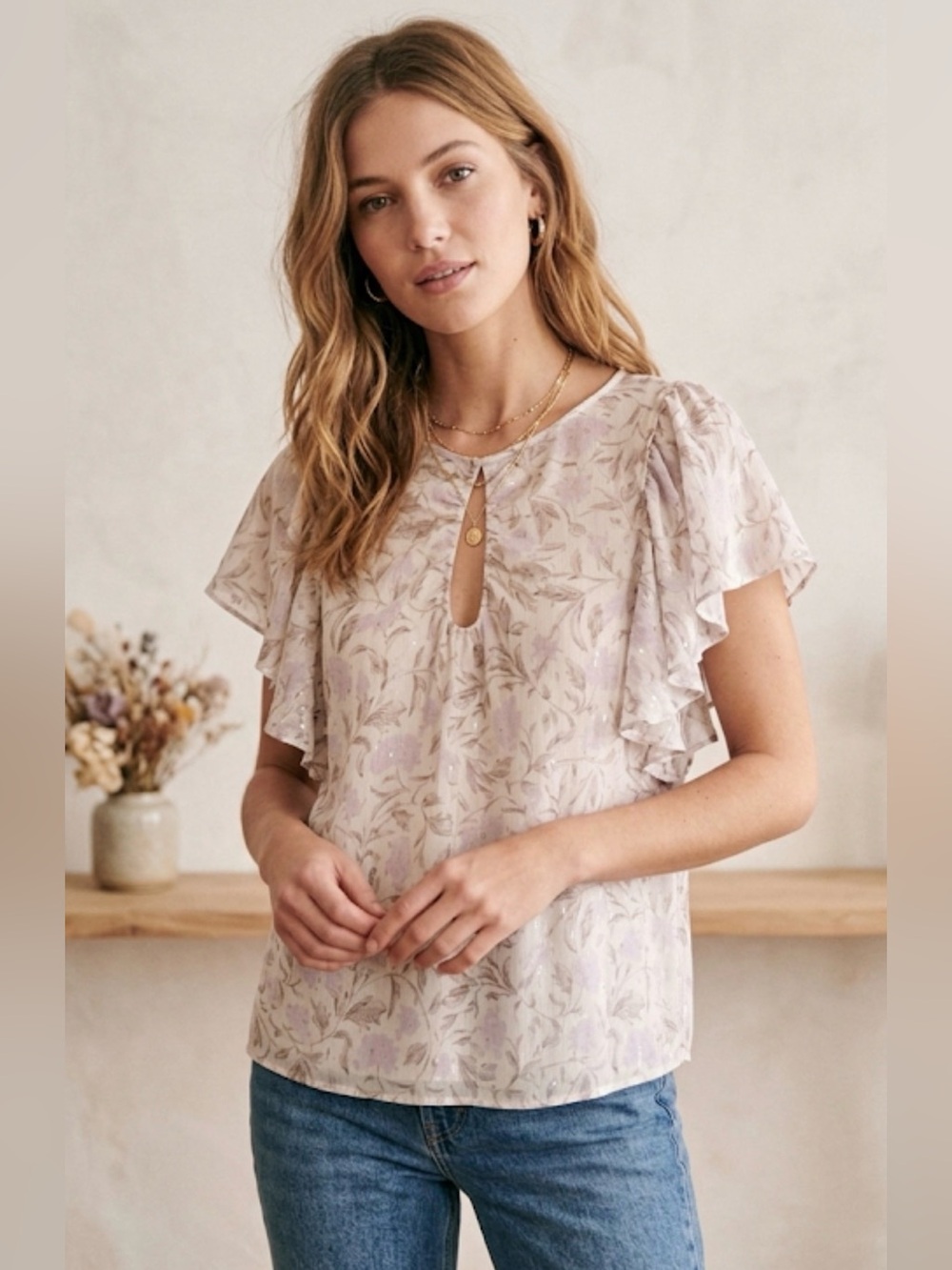 Rebecca Taylor Floral Silk Keyhole Blouse Flutter Sleeve Cottagecore Top